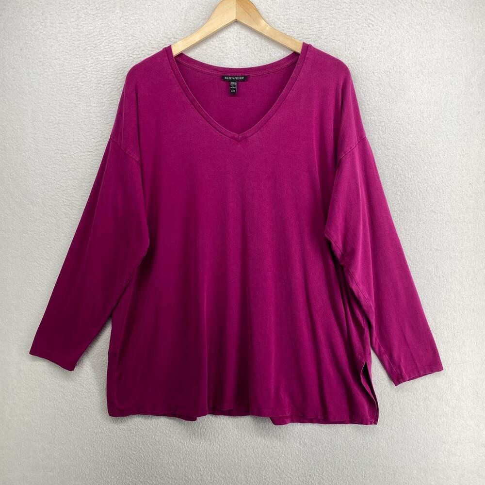 EILEEN FISHER Top XL Tencel Stretch Jersey Tunic V-Neck Long Sleeve Magenta